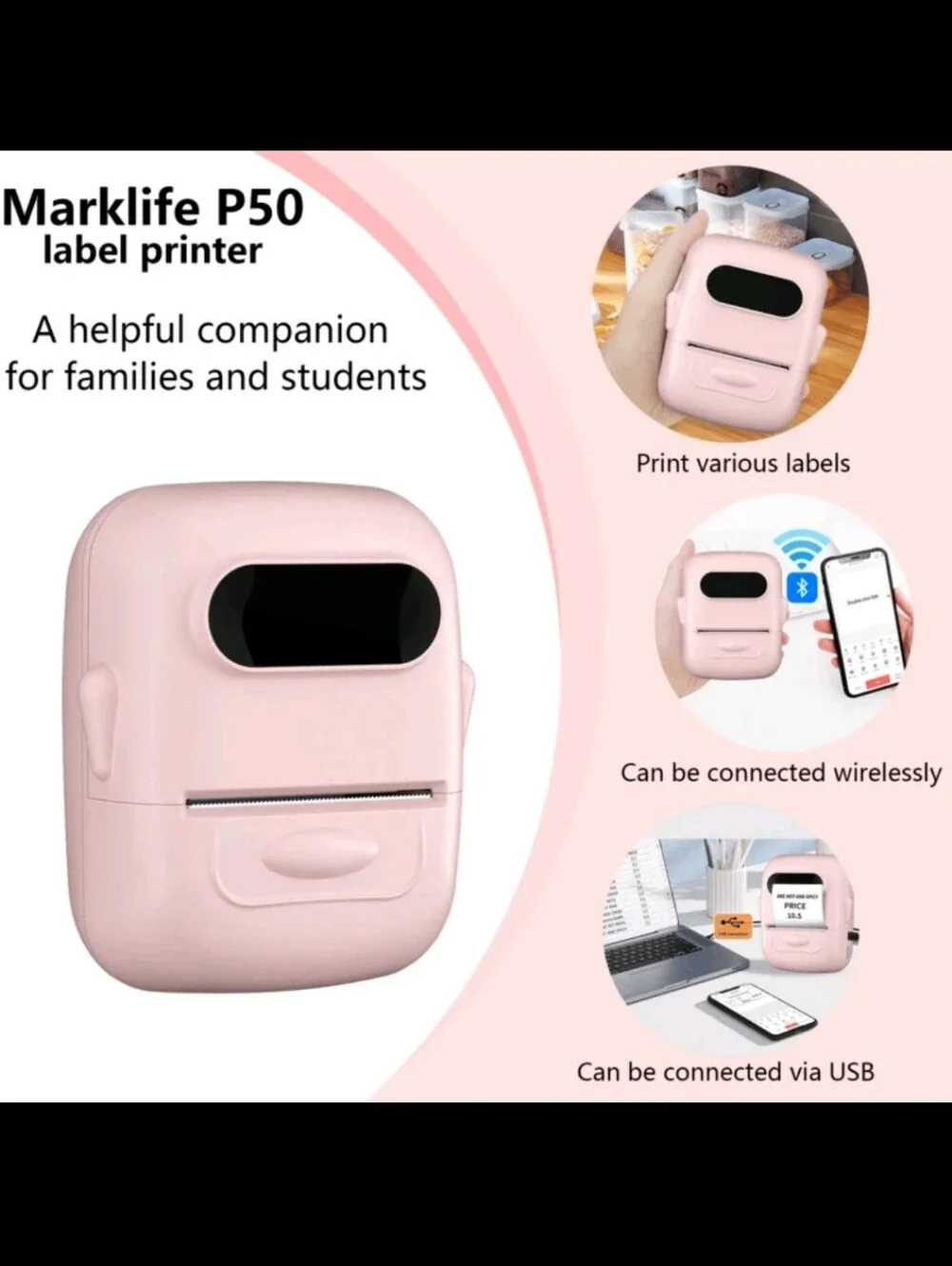 BRAND NEW ** Portable Pink Thermal Label Printer With 5 Extra Paper Rolls